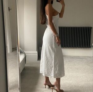 Zara white linen one shoulder midi linen dress